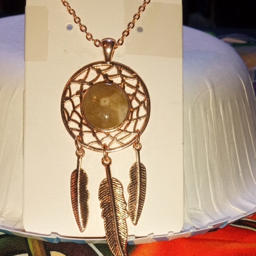 Gold Dreamcatcher Pendant Necklace Hand Made Nebraska River Rock